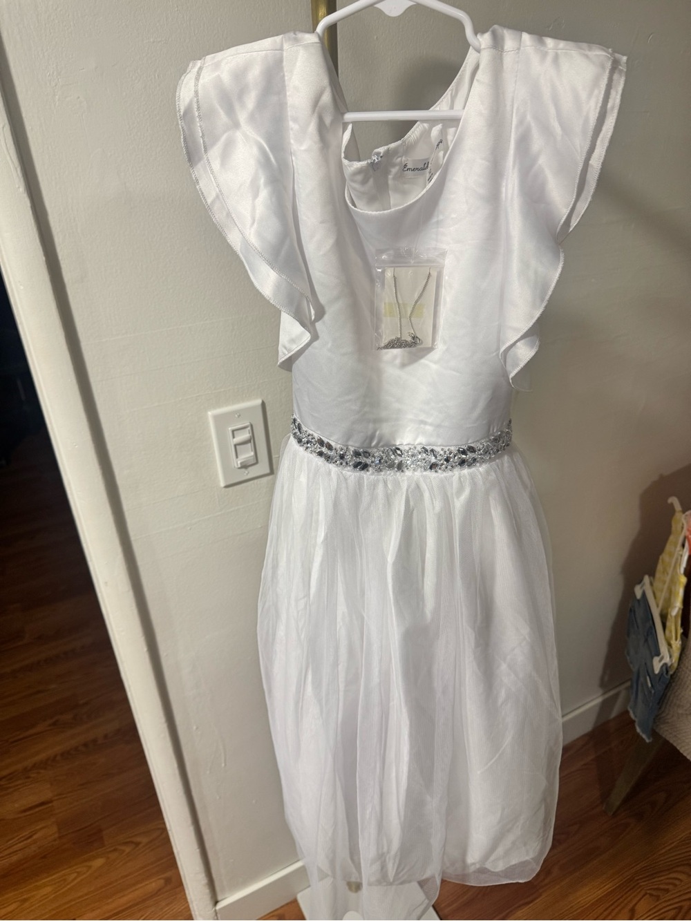 White Girls' Formal Dress with Silver Embellished Waistband